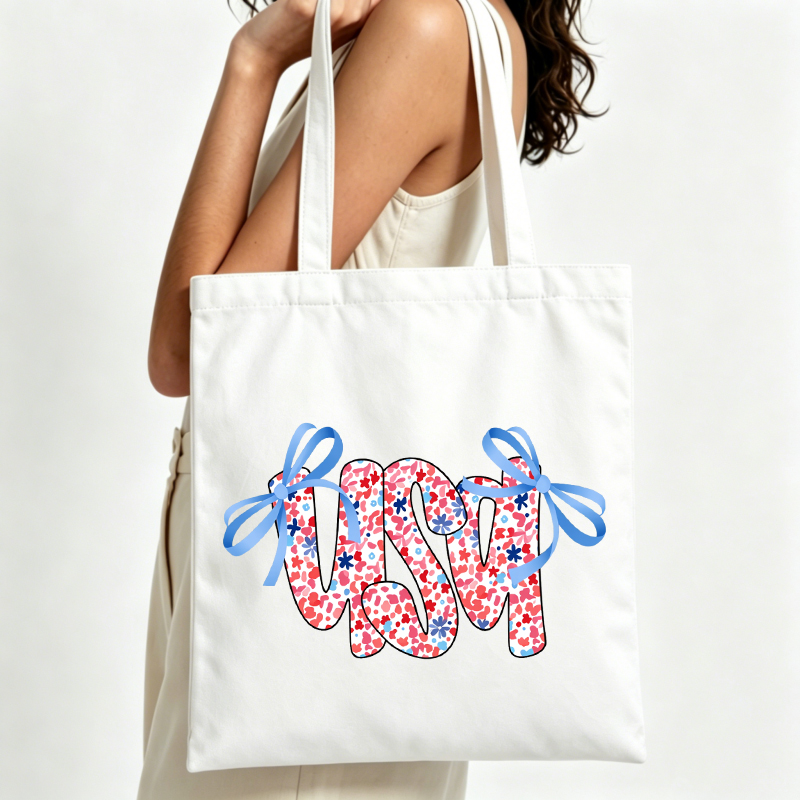 Women Bags Usa - ABD baskılı kanvas çanta, fiyonk detaylı,